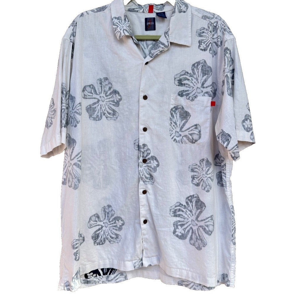 Jantzen XL Hawaiian Shirt Reverse Print Ivory Gray Hibiscus Linen Cotton Coastal